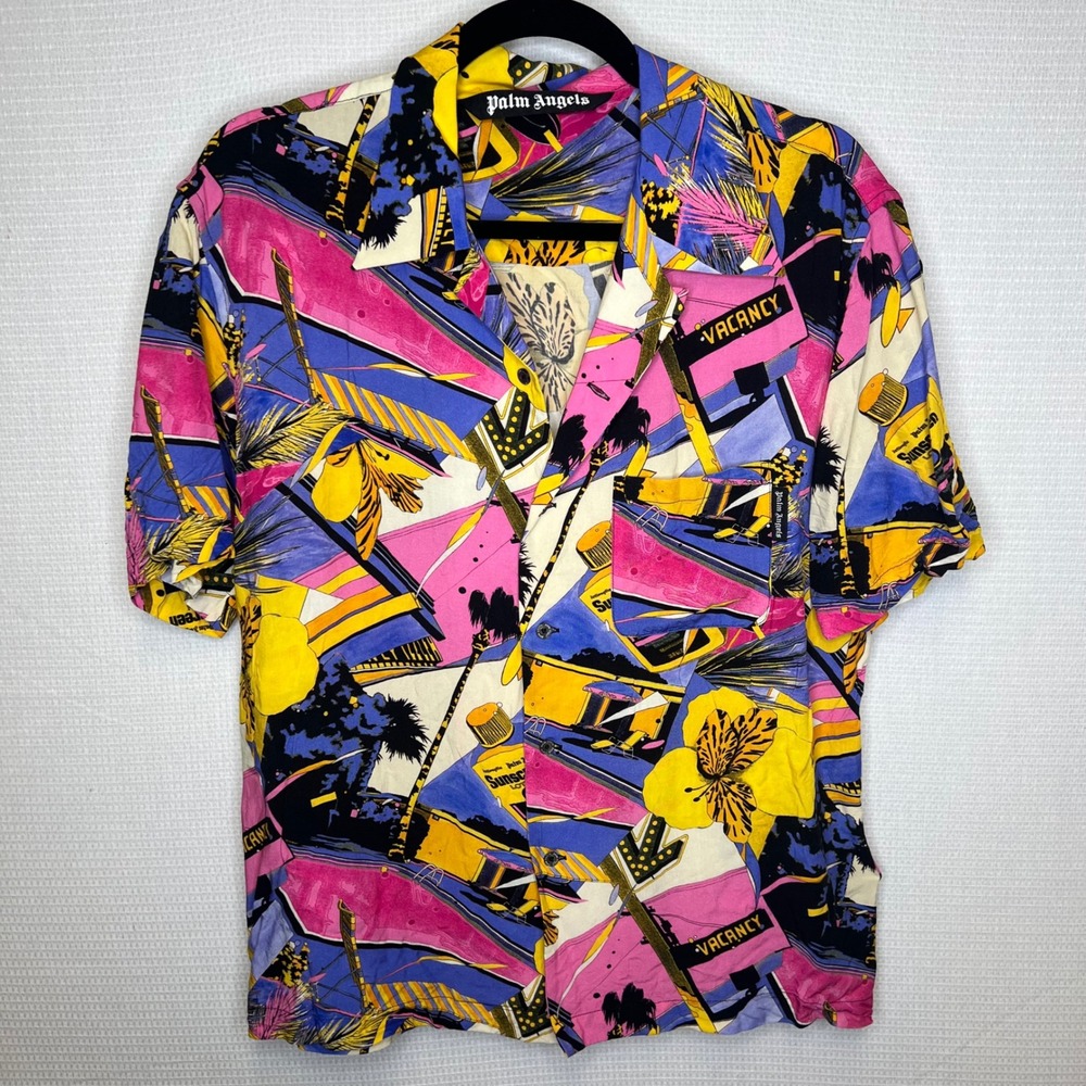 Palm Angels Mens 48 Multi Graphic Vacancy Short Sleeve Viscose Shirt